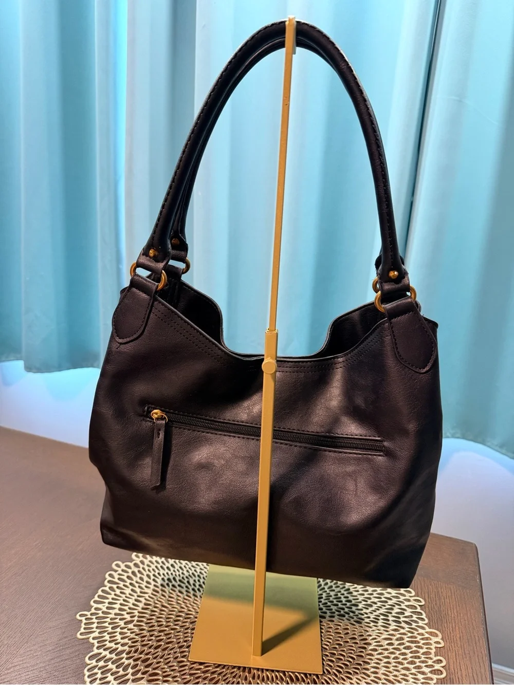 Rosetti Black Leather Hobo Shoulder Bag Gold